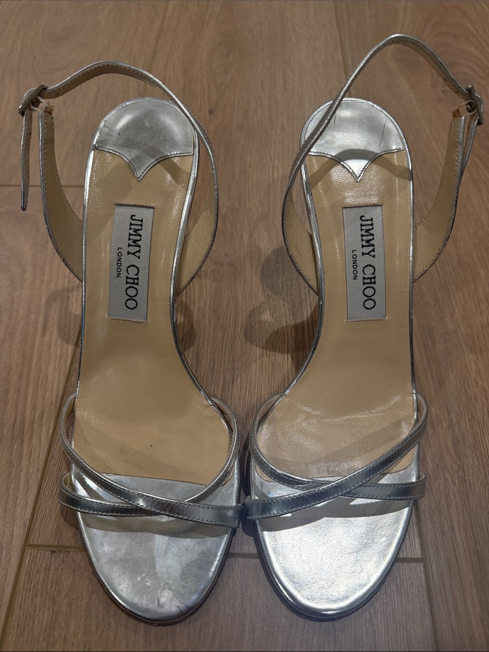 Jimmy Choo Silver Metallic Strappy Heeled Sandals